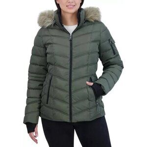 NEW Nautica Women's Size L Olive Green Quilted Puffer Jacket W/ Faux Fur Hood